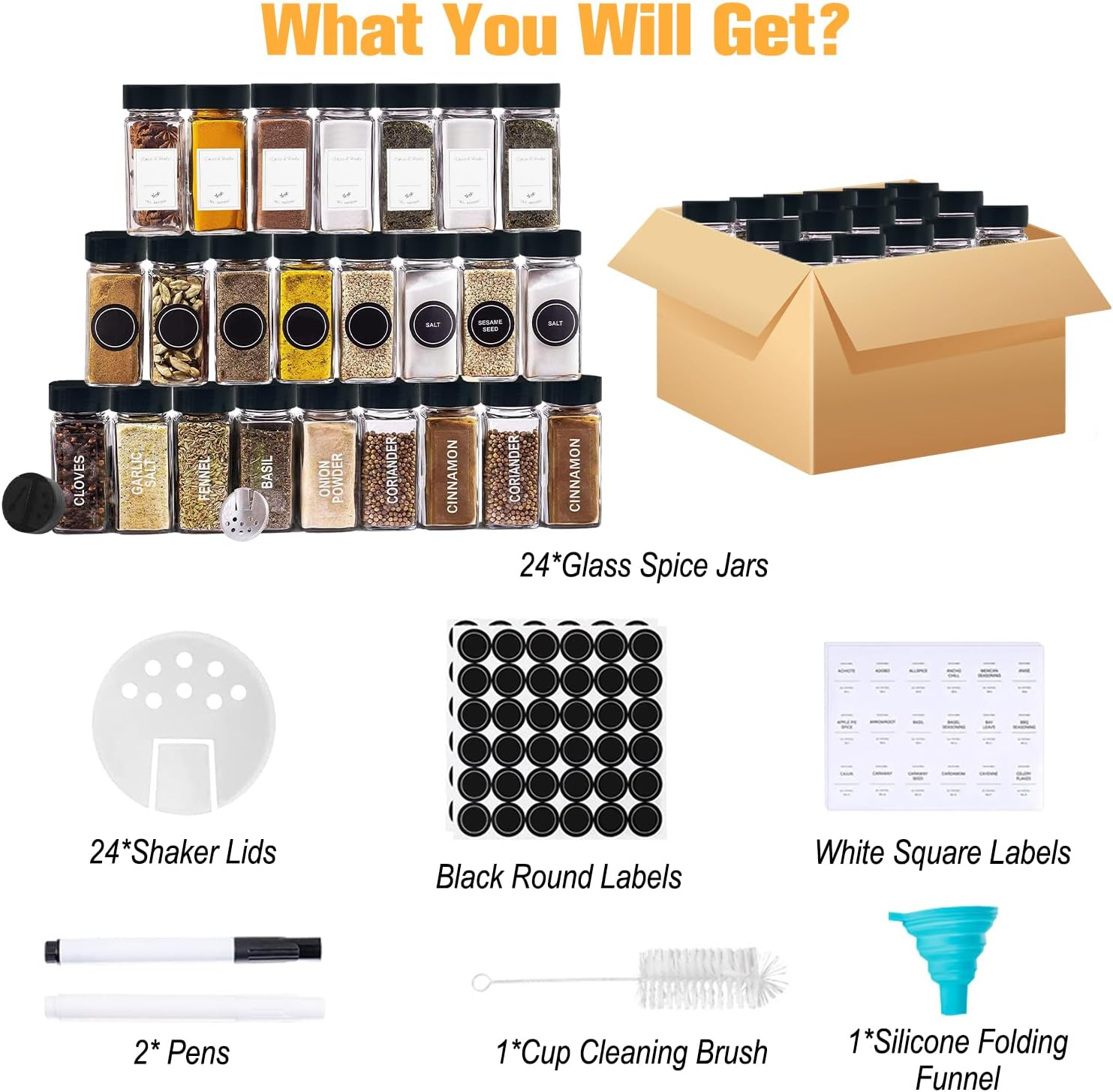 24 Pcs Spice Jars with Labels, Yakiter 120 Ml Glass Spice Jars with Black Seal Lid and Funnel, Kitchen Sealed Storage Jar with Lid, Empty Spice Jar for Kitchen, Cabinets, Drawers (24 Bottles) image number 3