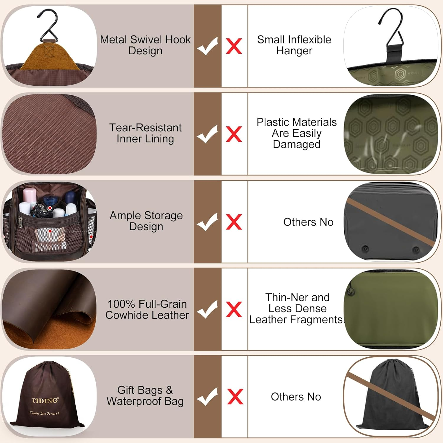 TIDING Leather Hanging Travel Toiletry Bag for Men Women Large Expandable Portable Toiletries Organizer for Travel Business Gym Use Leather Toiletries Bathroom Cosmetic Storage image number 6