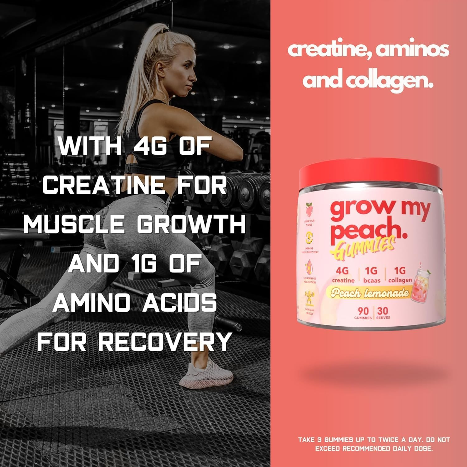 Preworkout Gummies for Women - Creatine Monohydrate 4G + Collagen Peptides + Bcaas - Grow My Peach by the Gummy Lab - Preworkout Muscle Builder, Strength & Recovery - Peach Lemonade Flavour - Non-Bloating, Women'S Fitness Supplement
