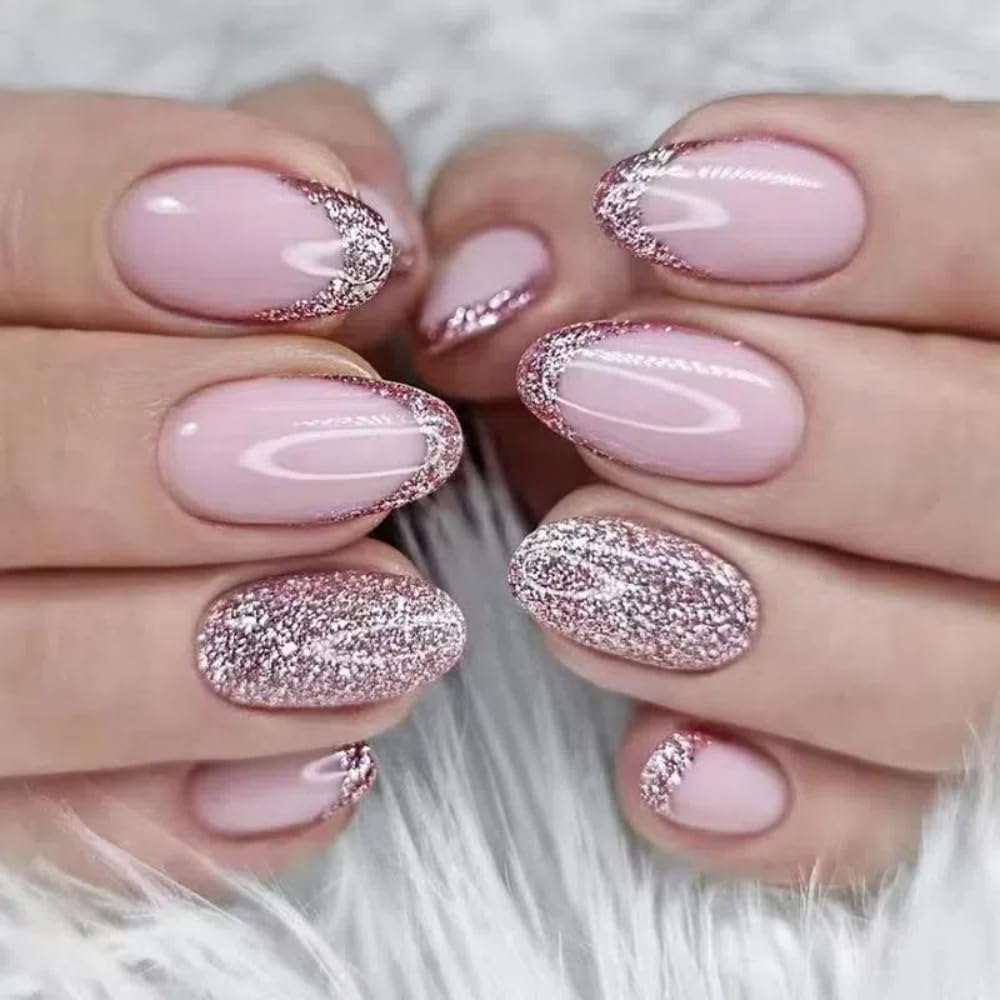 Ztcily False Nails Short Almond Pink False Nails Oval Short Shiny False Nails for Women Girls Accessories for Christmas Valentine'S Day Wedding image number 1