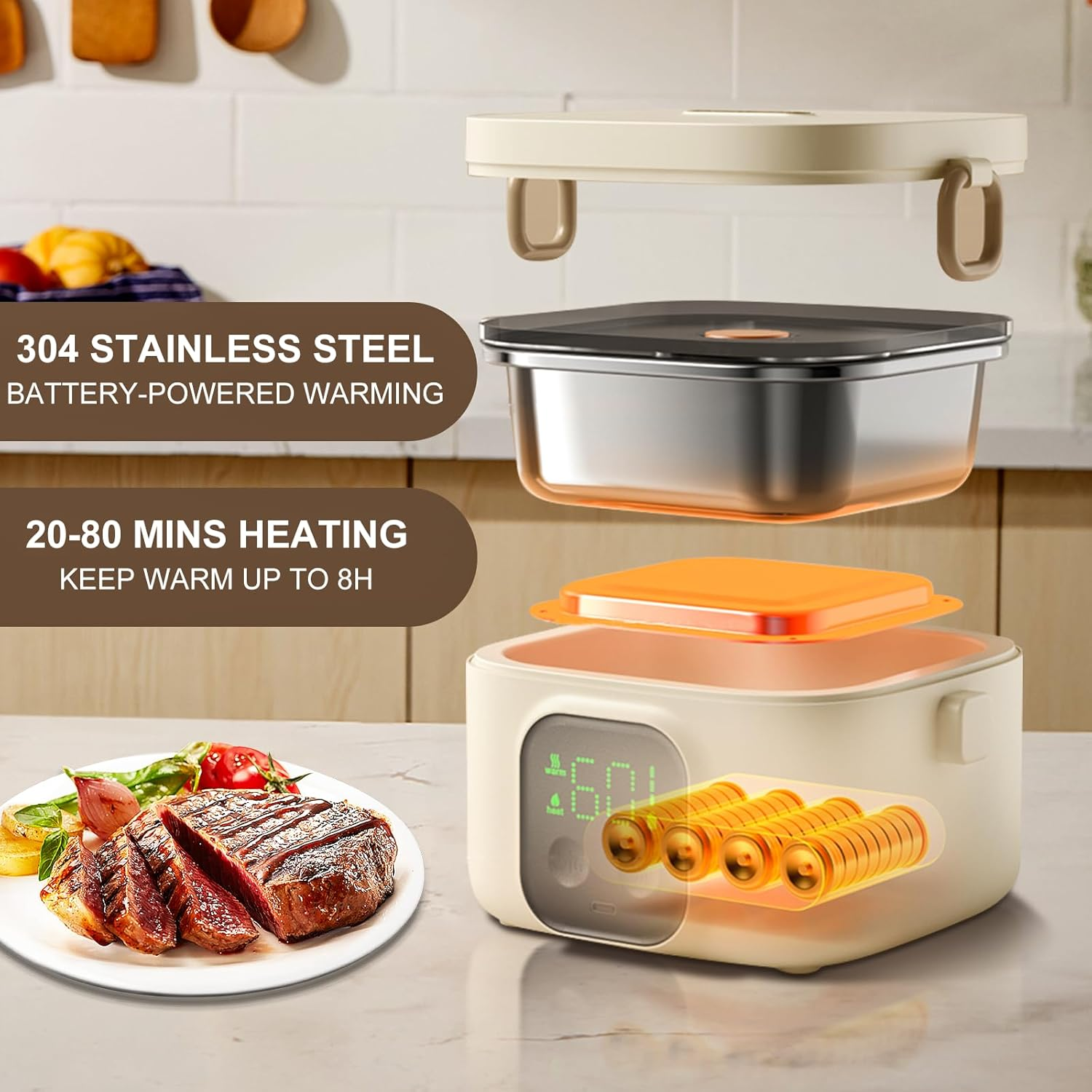 Portable Wireless Electric Heated Lunch Box for Adults,Heating Food Lunch Box for Work,Rechargeable 14000Mah Battery,0.8L Capcity Inner Food Warmer Container,Lunchbox for Travel,Outdoor,Picnic,Office. image number 4