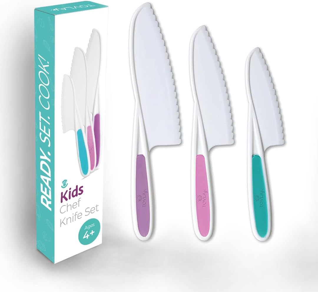 Tovla & Co. Knives for Kids 3-Piece Nylon Kitchen Baking Knife Set: Children'S Cooking Knives in 3 Sizes & Colours/Firm Grip, Serrated Edges, Bpa-Free Kids' Knives (Colours Vary for Each Size Knife)