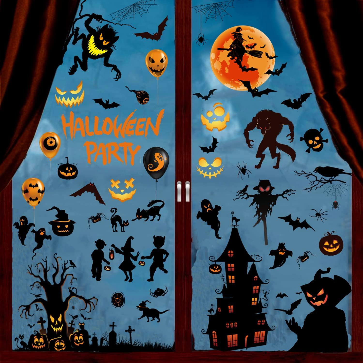 9 Sheets Halloween Window Clings, Scary Halloween Window Stickers, Removable Double Sided Halloween Window Decals for Glass Windows, Halloween Window Decorations Home Decor Halloween (C)
