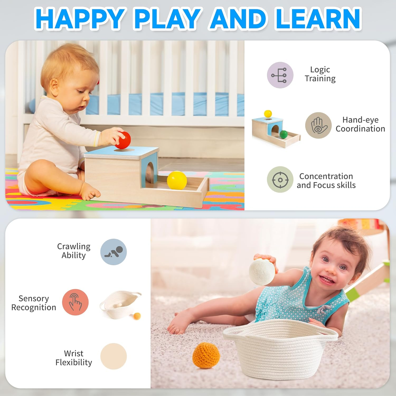 Montessori Toys for Babies 6-12 Months, 9 in 1 Educational Wooden Toys Set, Includes Object Permanent Box, Stacking Cups, Mirror Puzzle, Ring Stacker and More image number 1