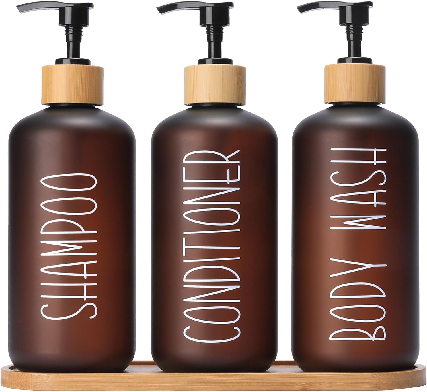 MOMEEMO Amber Shower Dispenser Set, Contains 3 Extra-Thick PET Plastic Bottles with Bamboo Pumps, Shampoo and Conditioner Dispenser for Shower Perfect for Modern Bathroom Decor. (Amber)