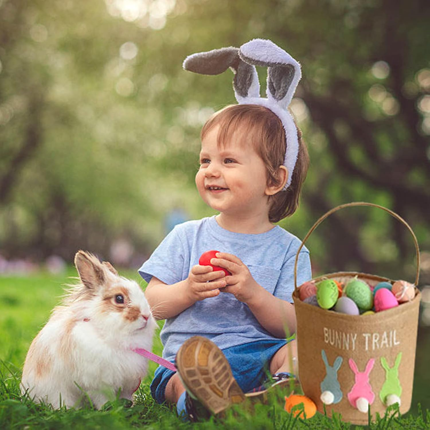 Inough Easter Basket Egg Buckets Jute for Kids Rabbit Baskets with Cute Ears, Easter Baskets Stuffers for Babies Bunny Trail Bags Easter Totes for Party image number 5