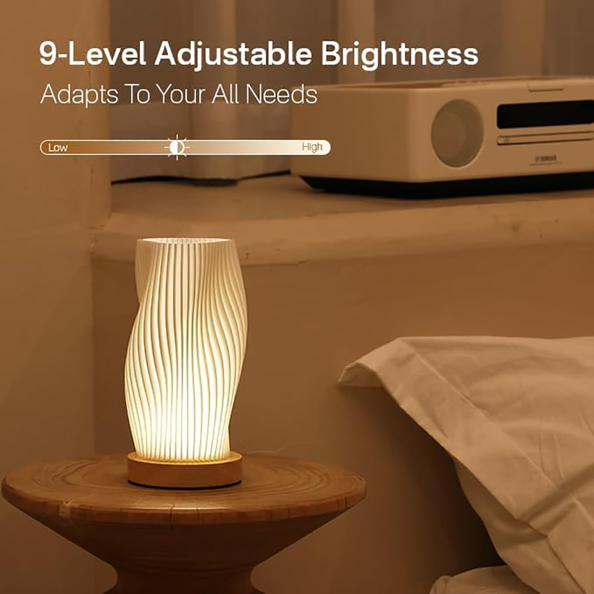 Table Bedside Lamp with Woodbase, Button Control Night Light for Bedroom, Dimmable Nightstand Lamp with PLA Lampshade for Living Room, Kids Room, College Dorm, Office image number 4