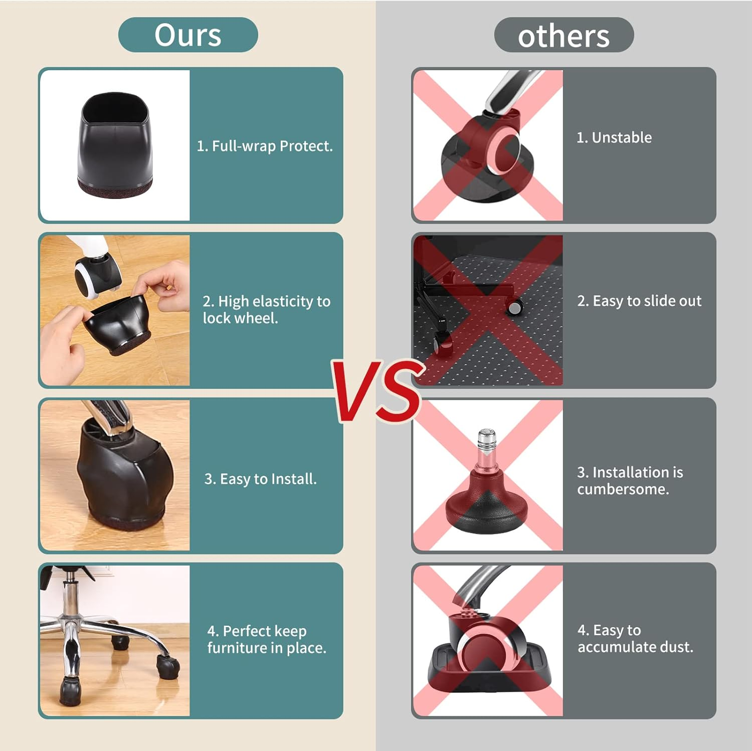 10PCS Wheel Stoppers for Rolling Furniture Feet Floor Protectors, 2 Inch Office Chair Wheel Stopper, Felt Furniture Caster Cups for Hardwood Floors, Anti-Scratch, Stop Chair from Rolling, Black image number 3