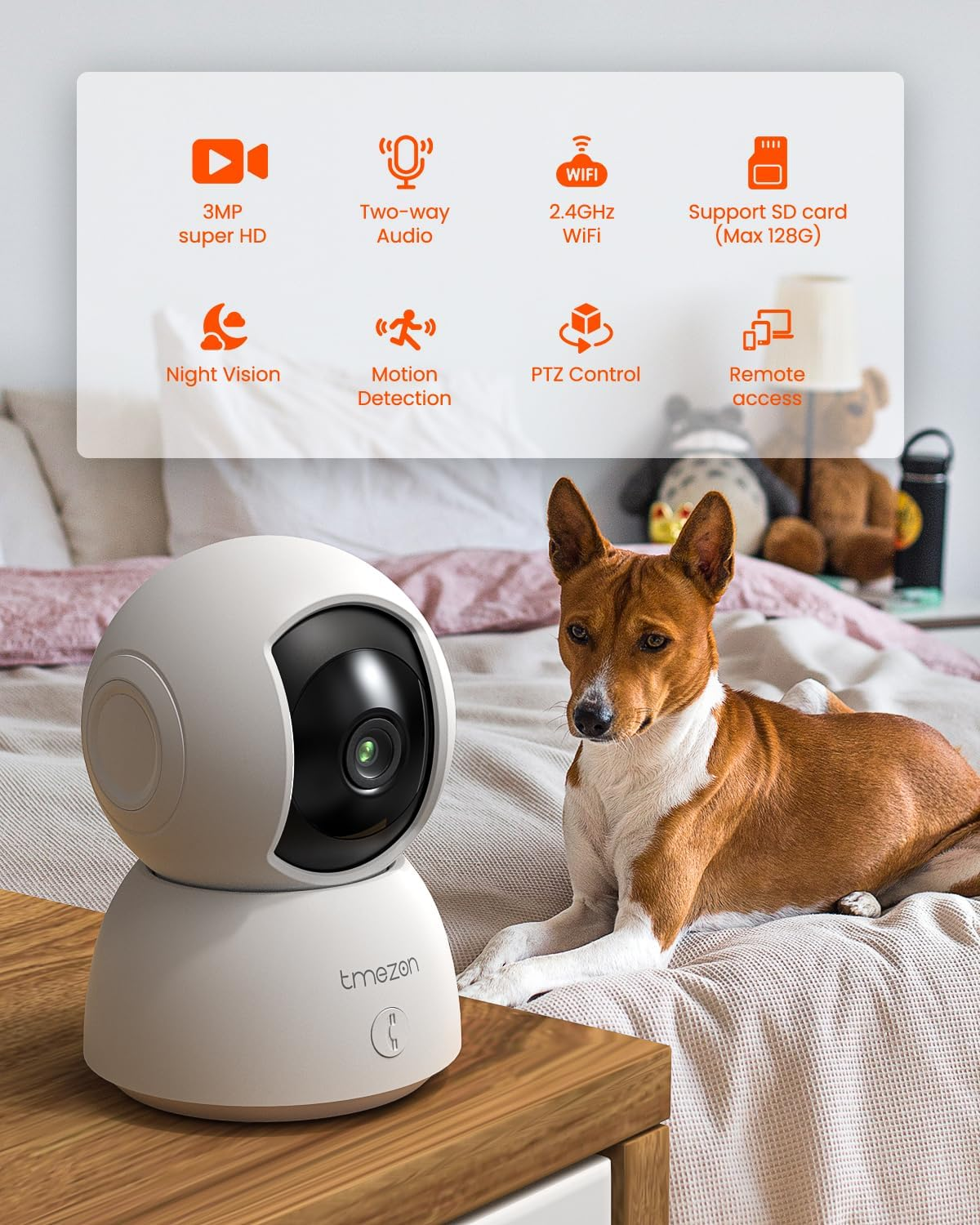TMEZON Indoor Security Camera 2K,Pan/Tilt Wi-Fi Pet Camera with Vicohome App Wifi IP 3MP HD 360&deg; Baby Monitor,One-Click Call Your Families,Detection & Notification, Night Vision image number 4