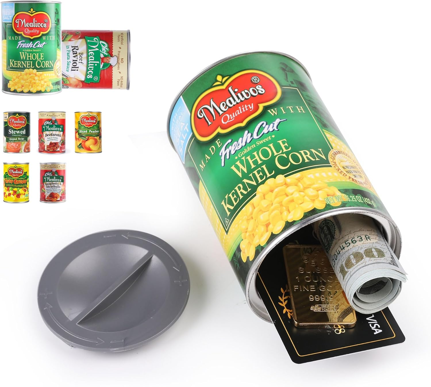 Fake Whole Kernel Corn Can Safes and Fake Peach Can Safes Diversion Secret Stash Safes(Pack of 2,Yellow and Green)