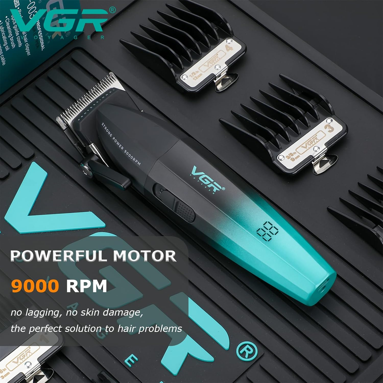 VGR 003 Fresh Fade Hair Clipper, Professional Hair Trimmer, Cord/Cordless Rechargeable Hair Cutting Tools with LED Display, 9000 RPM Barber Clippers, Green image number 6