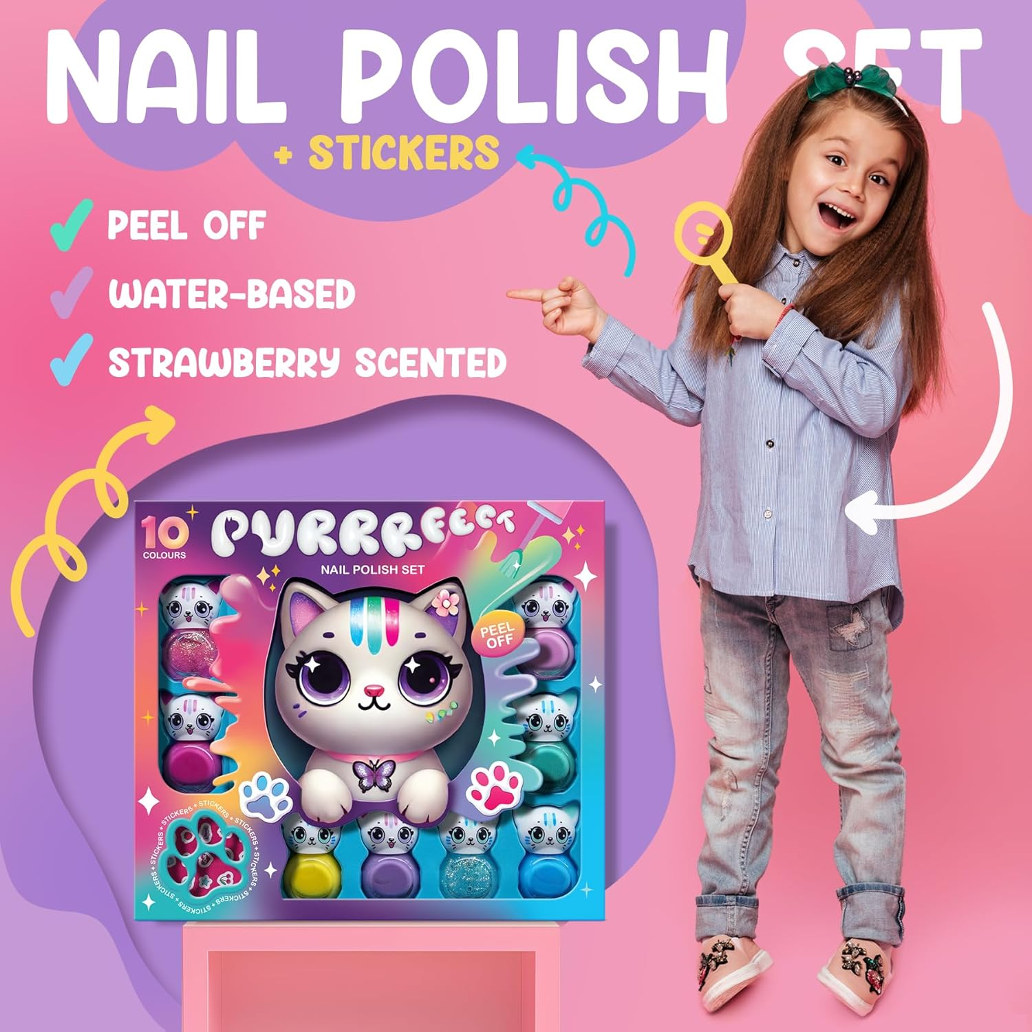 Cat Shape Water Based Nail Polish Set - Beauty4Britain 14 Colours Quick Dry Peel off with Cat Nail Stickers Gift Box Included image number 2