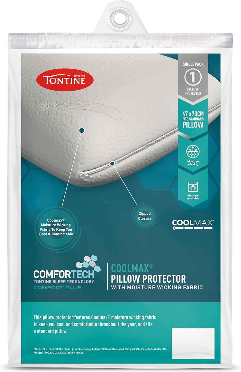 Tontine Comfortech Coolmax Pillow Protector &ndash; Moisture Wicking Cooling Fabric for Night Comfort &ndash; Zip Closure for Hygiene &ndash; Breathable and Washable Cover &ndash; Fits Standard Pillow
