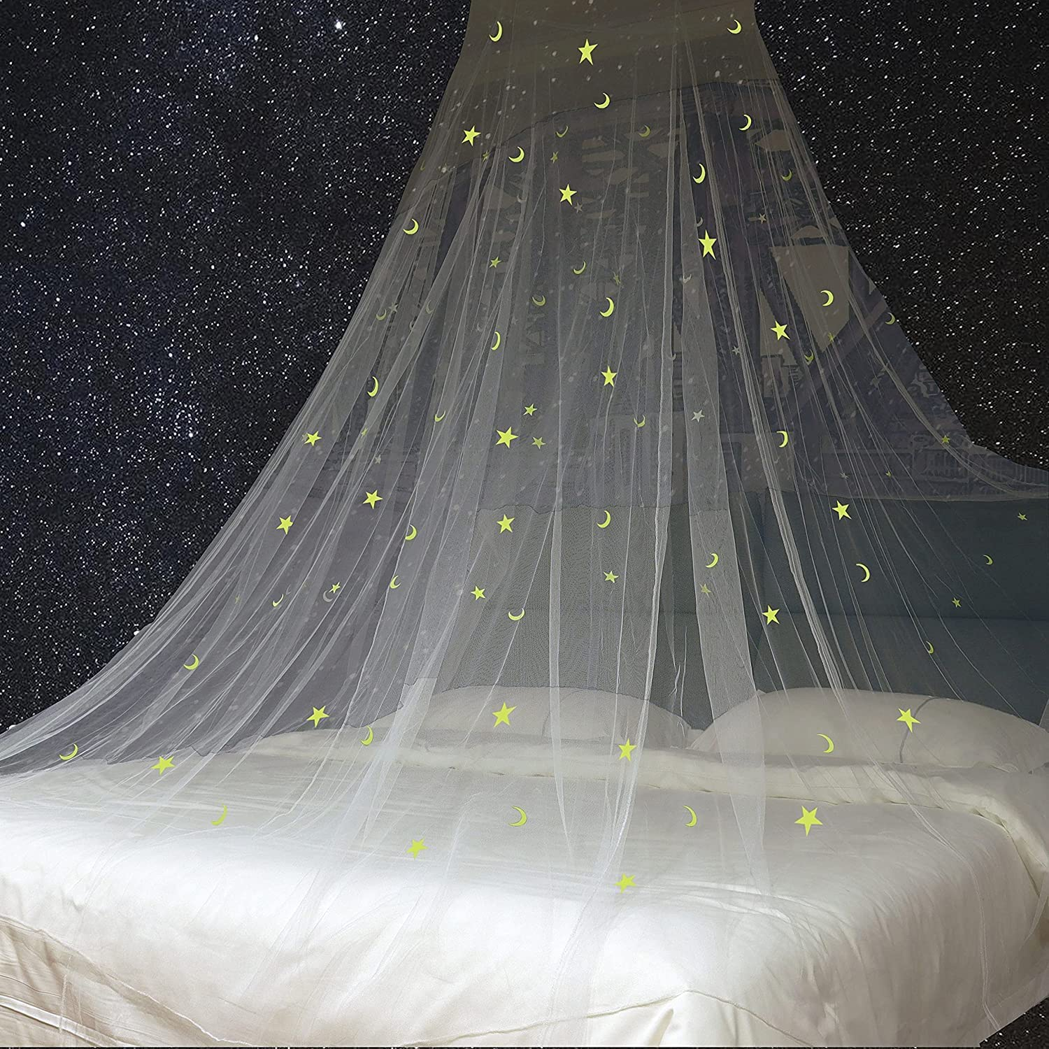 Bed Canopy with Fluorescent Stars & Moon Glow in Dark Bed Net for Baby, Kids, Girls or Adults, Canopy Bed Curtains to Cover the Baby Crib, Queen Size,Full Size,King Size Bed image number 4