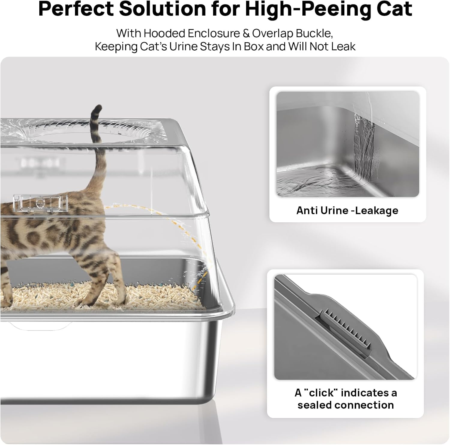 Stainless Steel Litter Box with Lid, SUS304 Metal Cat Litter Box, Enclosed Extra Large Kitty Litter Box High Wall, Jumbo Cat Litter Box with Triple Pedal, Non-Sticky, Anti-Leakage (XL Gray) - Grey image number 5