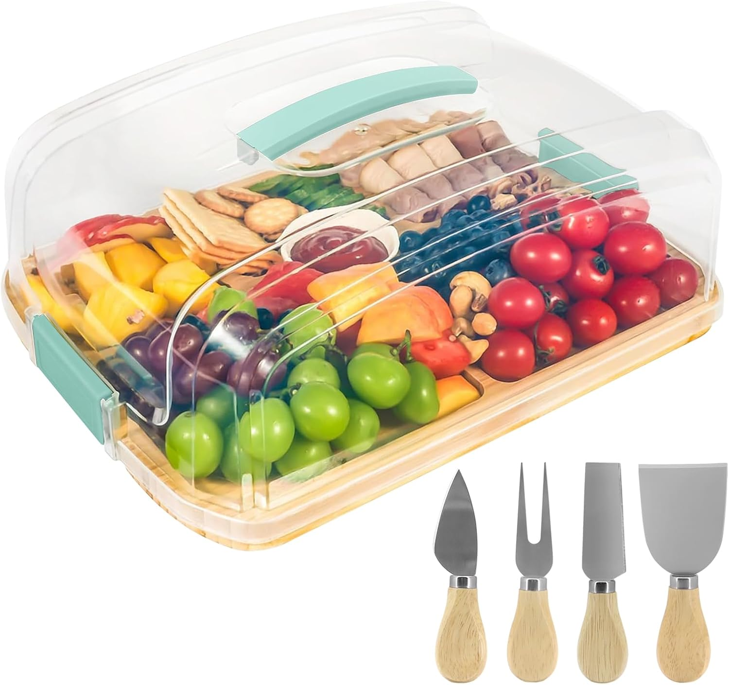 Portable Charcuterie Board with Lid for Travel, Cheese Board and Knife Set, Cheese Platter with Locking Handle, Travel Cheese Boards Set, Perfect for Charcuterie, Snacks, and More