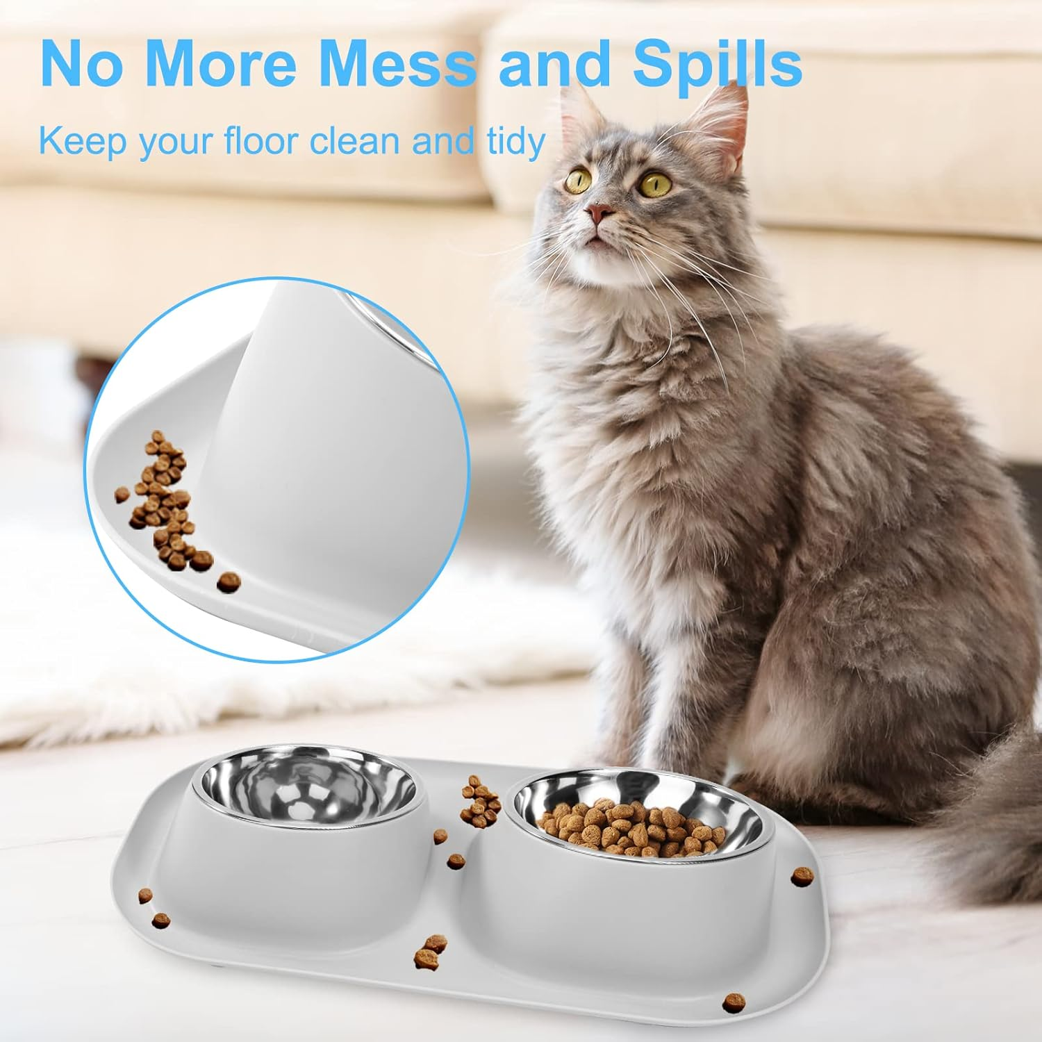 Feeding Bowl for Cats and Dogs, Double Cat Bowl, 15&deg; Tilt, Futing Bowl & Water Bowl with Stand, Stainless Steel Dog Bowl for Small Dogs image number 4