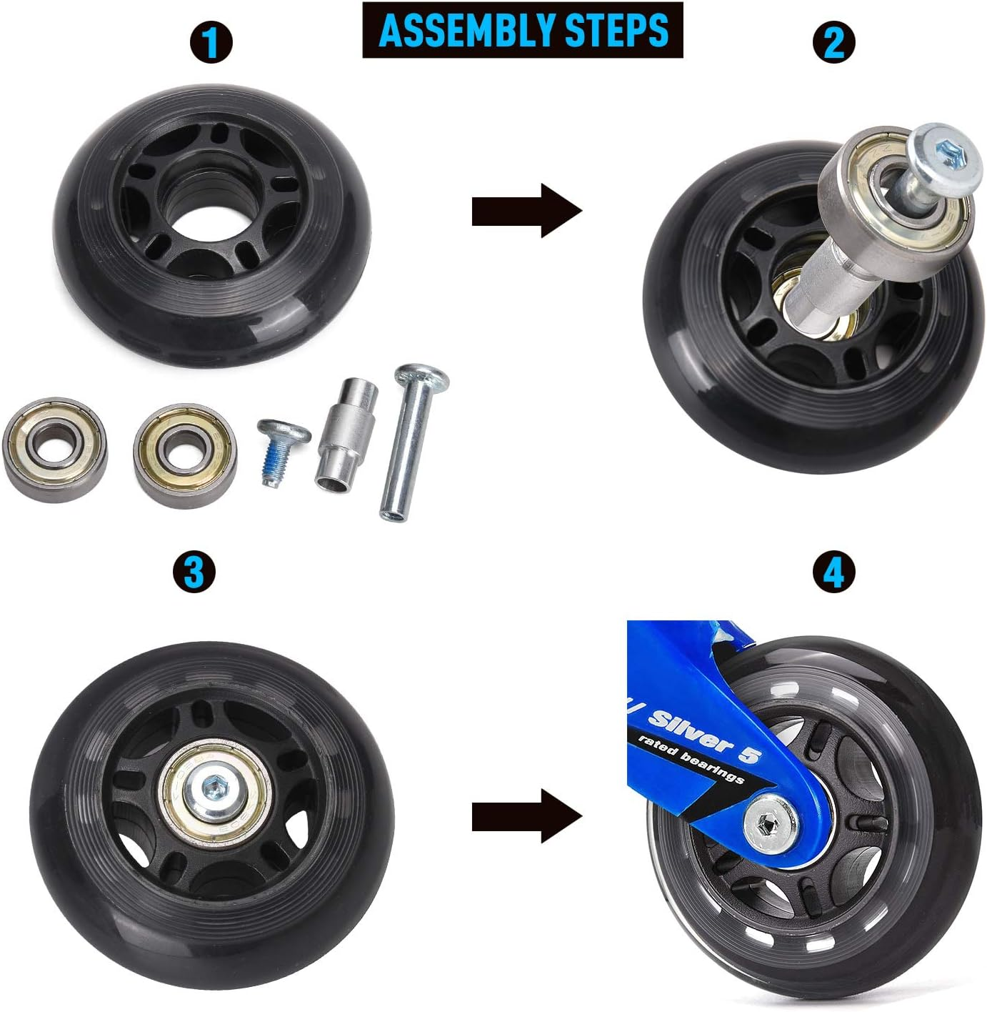 TOBWOLF 8PCS Inline Skate Shaft, Aluminum Alloy Skate Wheel Bearing Spacer, Roller Skate Accessories with Axle & Axles Screws & Wrench image number 6