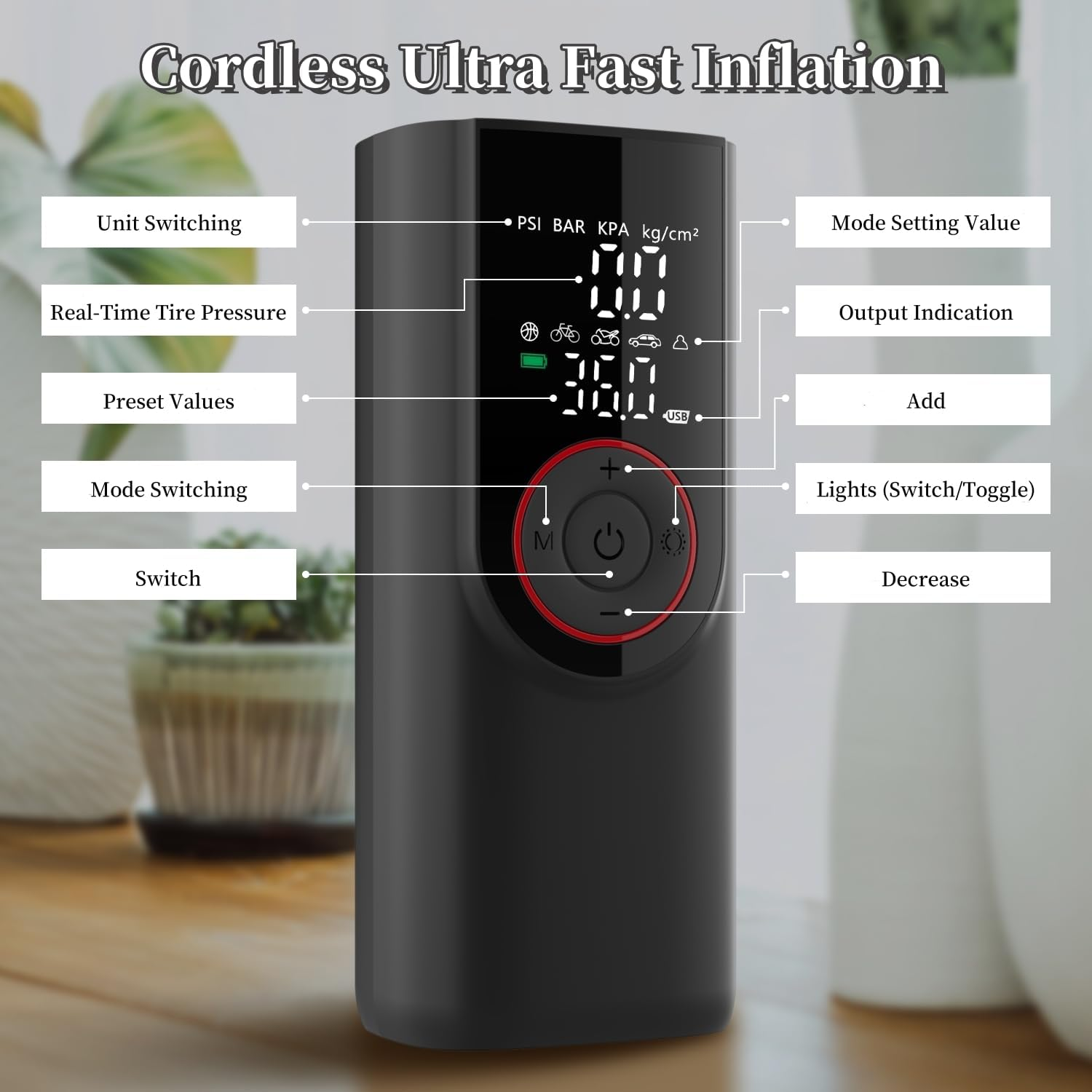 Tyre Inflator Portable Air Compressor, 150PSI 6000Mah Electric Cordless Air Pump with Pressure LCD Digital Pressure Gauge & LED Light, Auto Tyre Pump for Car, Motorcycle, Bike, Ball