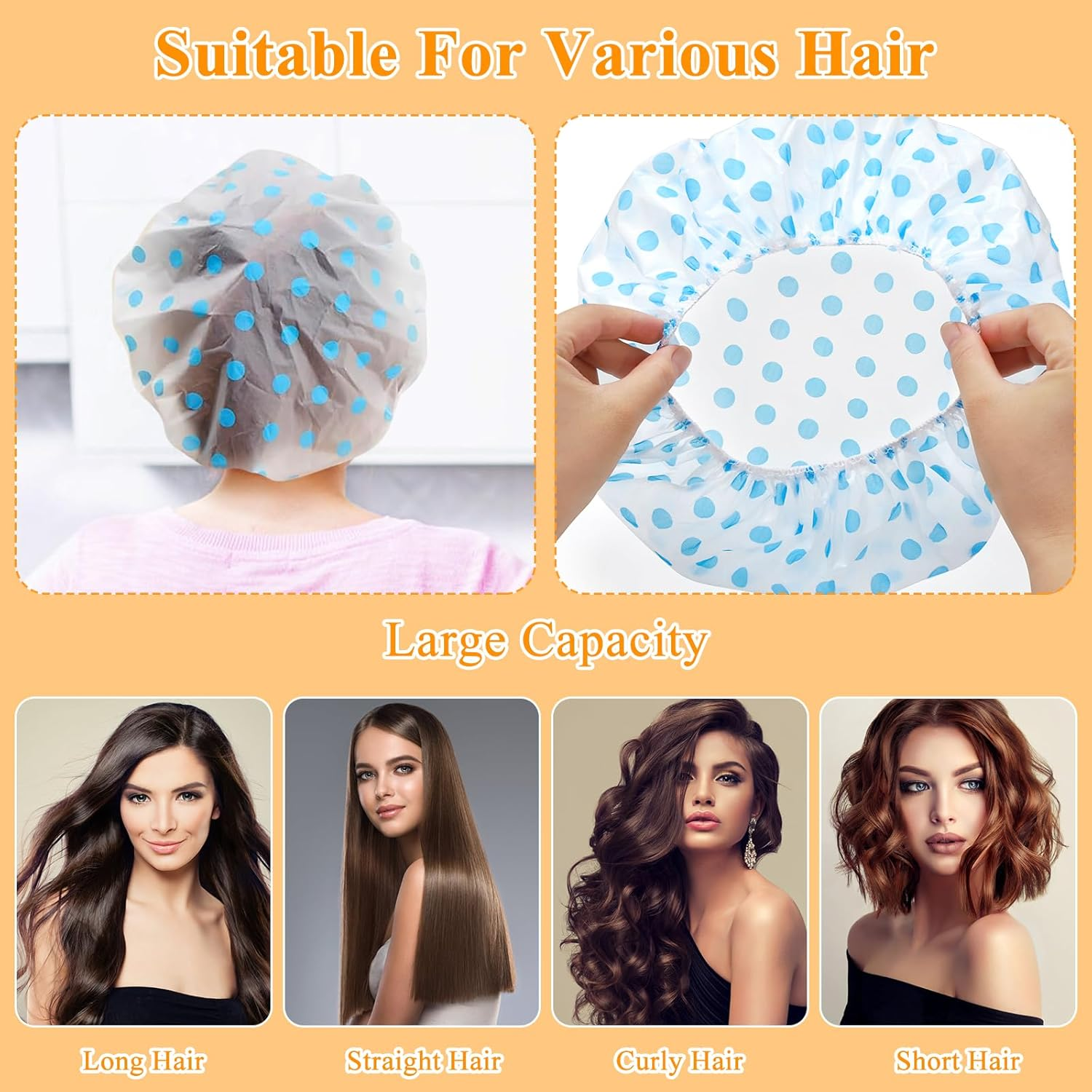 3 Pcs Shower Caps for Women Men,Waterproof Reusable Bath Cap,27Cm Width with Elastic Band, Large Plastic Long Hair Environmental Protection Hats for Ladies Girls Kids Spa Salon (Red+Blue+Yellow) image number 1