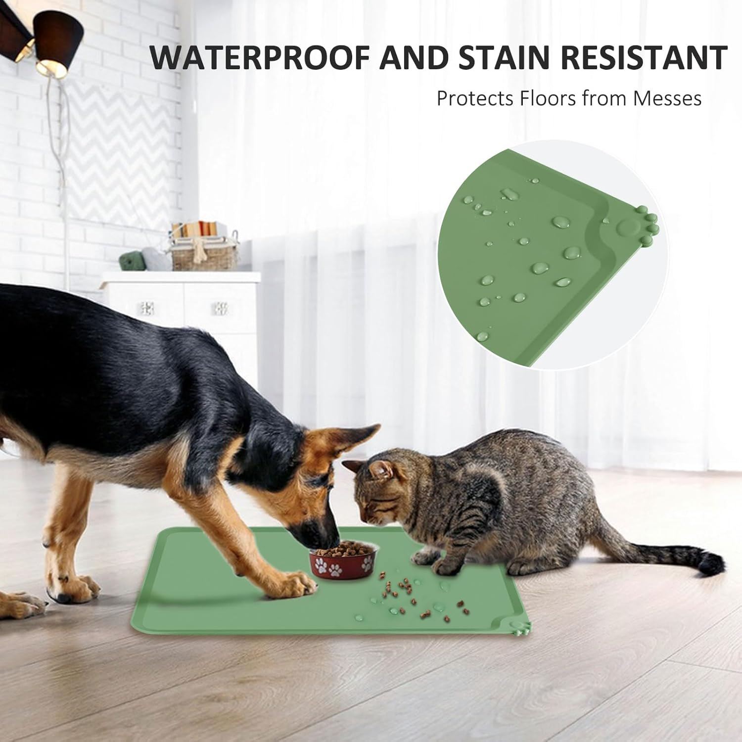 Silicone Food Mat for Dogs Cats，Thicker Waterproof Anti-Slip Pet Feeding Mats，Raised Edge, Spill-Proof Easy to Clean, Dishwasher Safe for Dog and Cat Bowls (Green, L)