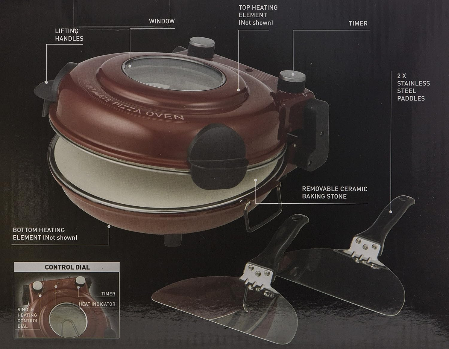 Masterpro the Ultimate Pizza Maker and Oven with Window |Cooks Stone Oven Pizza in 5 Minutes |Heats to 400&deg;C |1200W Motor |2 Lifting Paddles and Ceramic Baking Stone Included |Red image number 2