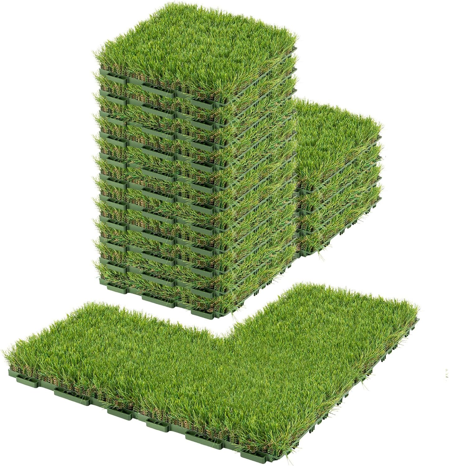 GROWNEER 1.57" H Interlocking Artificial Grass Tiles, 12" X 12" 18 Pcs Fake Grass Deck Turf Tiles with Upgrade Interlocking System Self-Draining for Pet Indoor/Outdoor, Backyard, Patio