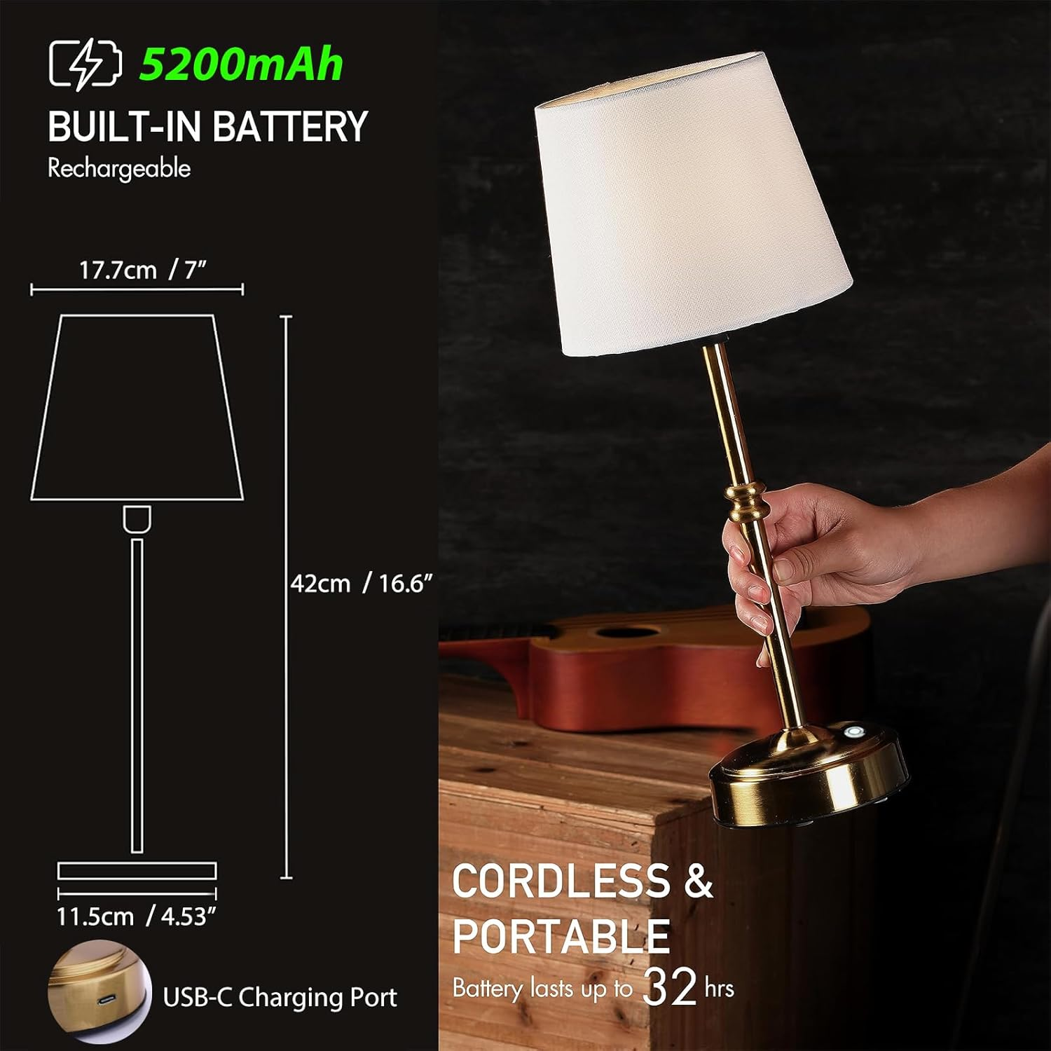 Cordless Table Lamp, 16" Fabric Shade Desk Lamp with 3-Level Brightness, 5200Mah Portable Battery Operated Desk Lamp for Bedroom Office Restaurants Bars