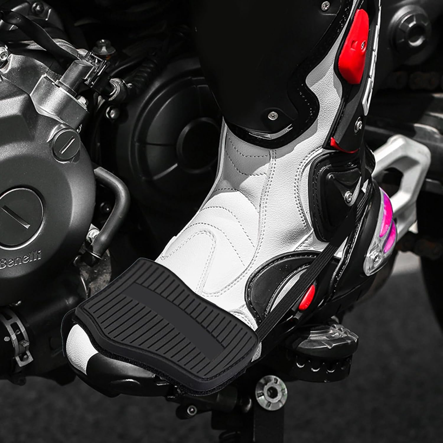 Motorbike Shoe Covers &ndash; Rubber Protection Pad, Gear Shifter Guard, Strong Wear-Resistant Build with Quick Strap Fastener | Motorcycle Riding Accessory for Men Women Outdoor Sports Adventures - Black Red image number 3