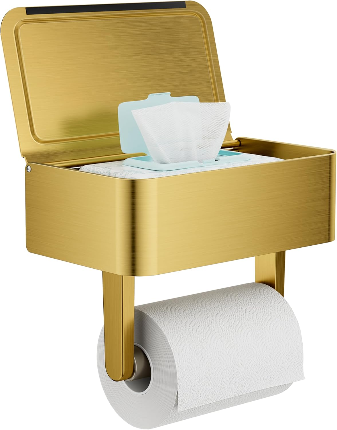 WZKALY Toilet Paper Holder with Shelf - Flushable Wipes Dispenser & Storage Fits Any Bathroom, Keep Your Wet Wipes Hidden - Stainless Steel Wall Mount Bathroom Organizer -（Matte Black, Regular Roll）