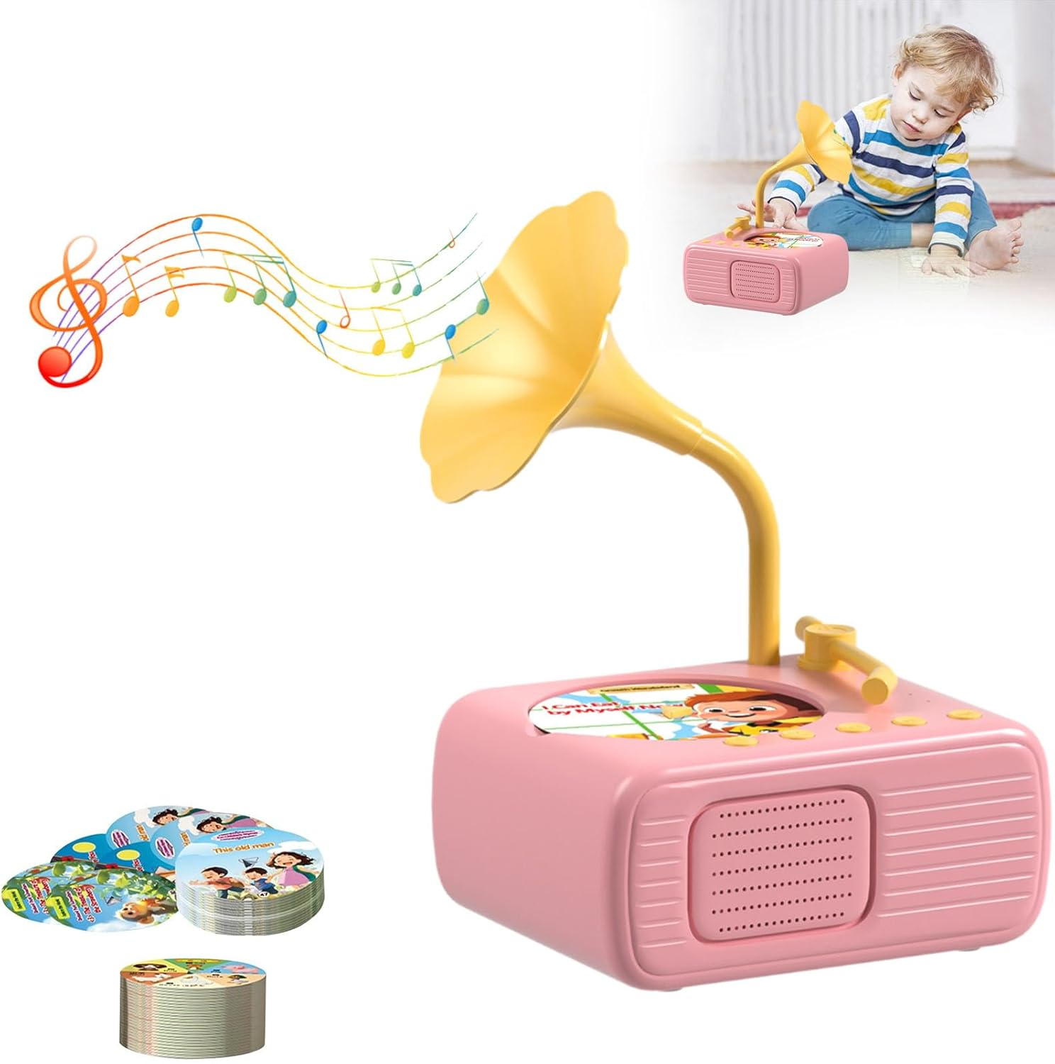 Sweako Kids Gramophone with 96 Cards, Kids Phonograph Record Player, Kid Phonograph Book with Sound, Musical Sensory Toy with Story Music Player for All Boys and Girls Aged 3-12 (Pink)