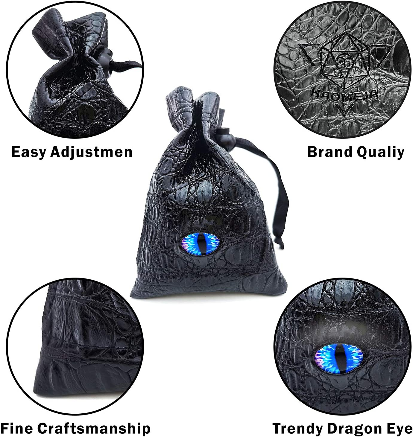 HAOMEJA DND Stuff Role Playing Dice Bag Drawstring Leather DND Dice Bag, Storage Bag Black Blue Eye image number 3