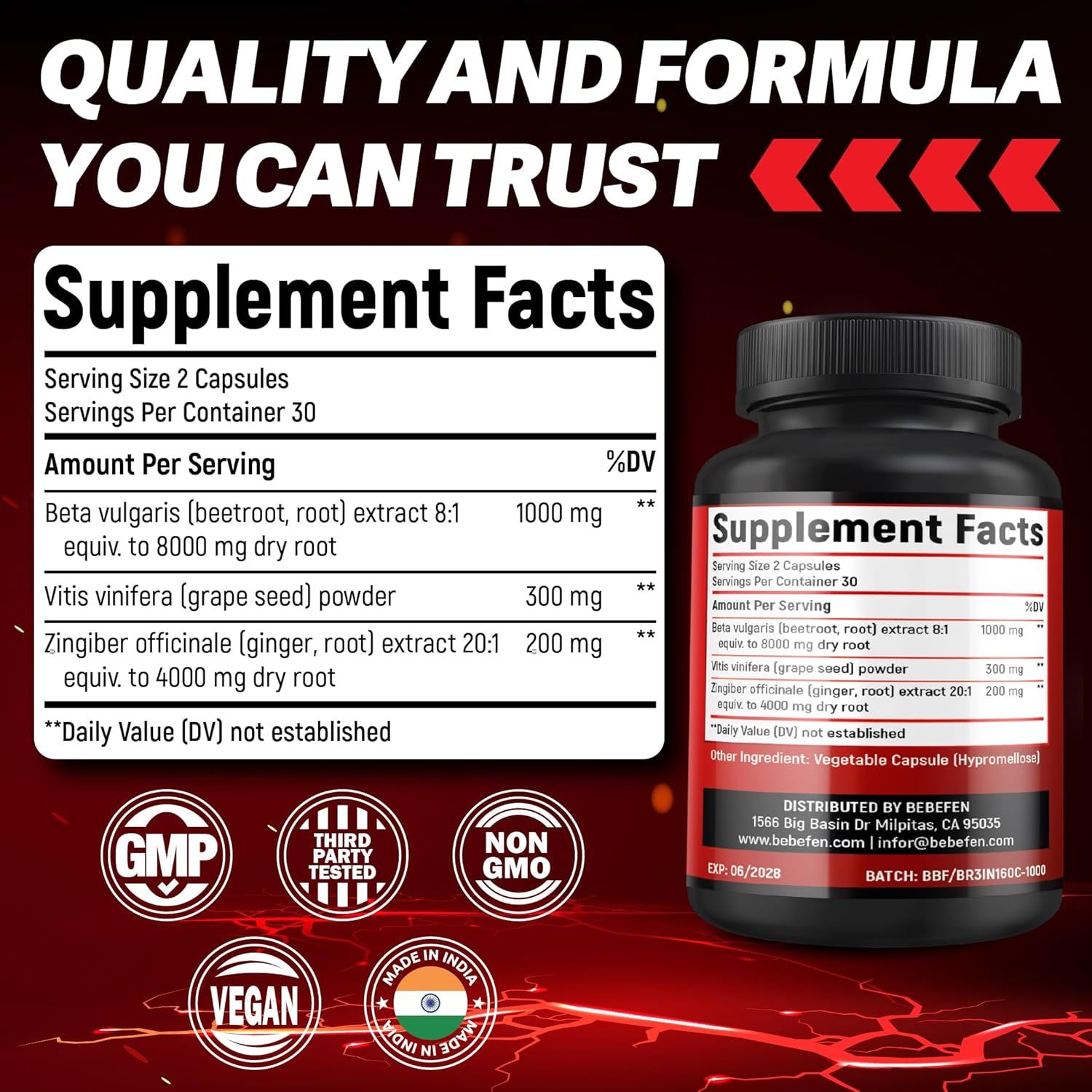 Beet Root Supplement, 1,500Mg per Serving | with Ginger & Grape Seed - 20:1 Extract, Supports Nitric Oxide Production, Beets Supplements with Non-Gmo Beetroot Powder 60 Capsules