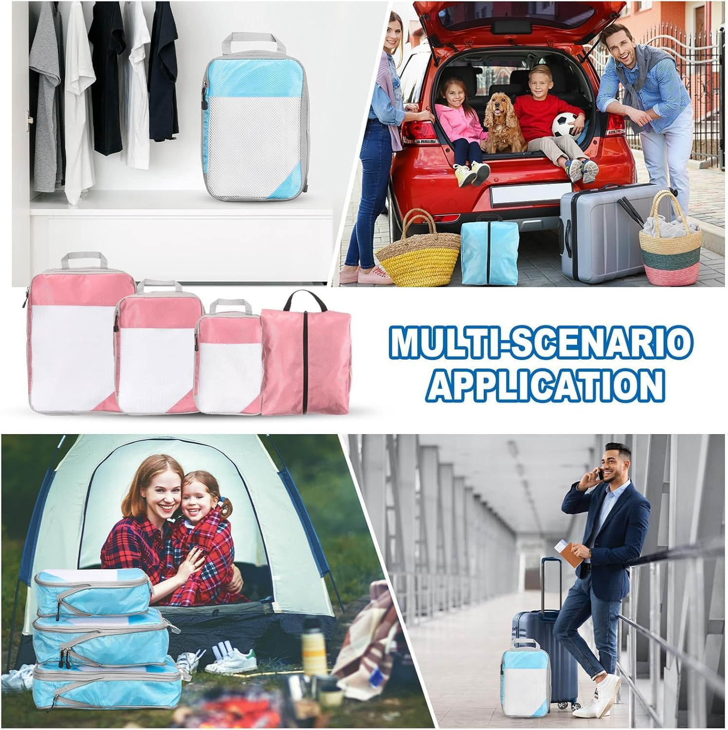 Enjour 4 Sets Compression Packing Cubes, Luggage Organizer Bags for Travel Essentials, Travel Accessories (Pink)