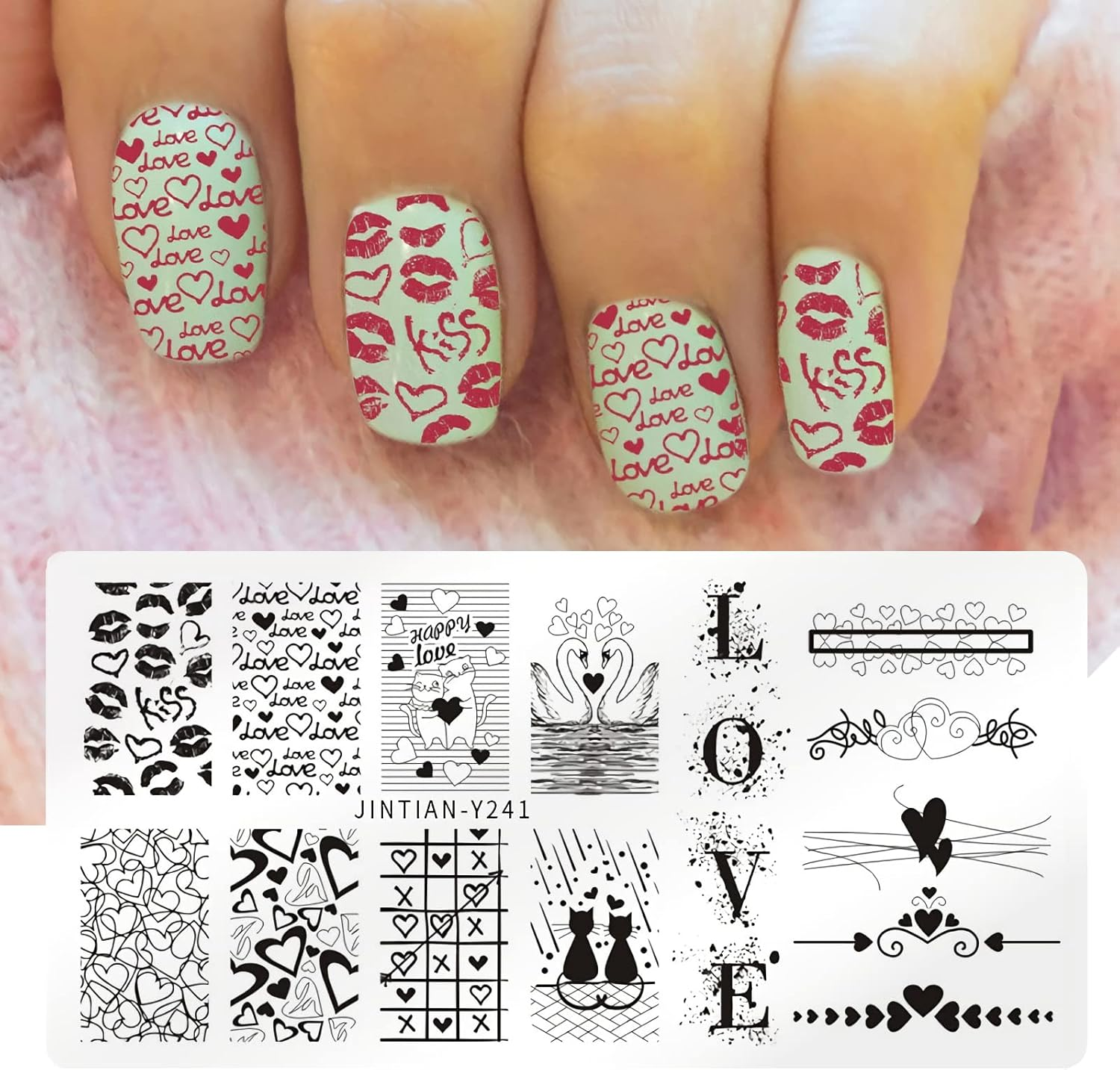 6PCS Valentine Nail Stamping Plates Kit with 1PCS Stamper & Scraper, Heart Nail Art Stamp Templates with Heart Lips Diamond Love Design for DIY Valentine'S Day Nail Decoration