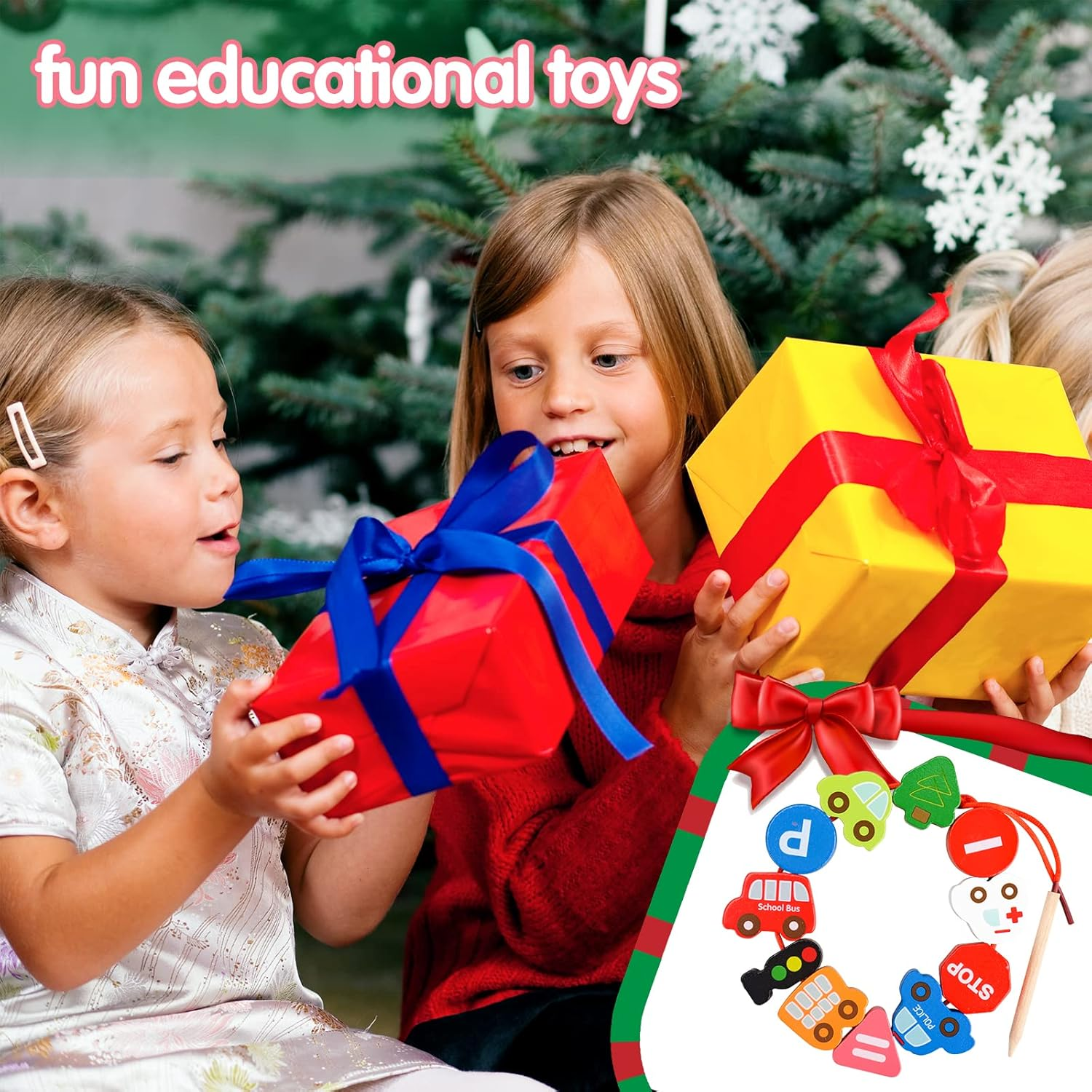 Montessori Sensory Toys for Kids Age 2-3-4, Wooden Toddlers Educational Toys Gifts for 1-3 Year Old Girl Boy Fine Motor Skills Preschool Activities Present Travel Toys Threading & Stacking Letter Car image number 6