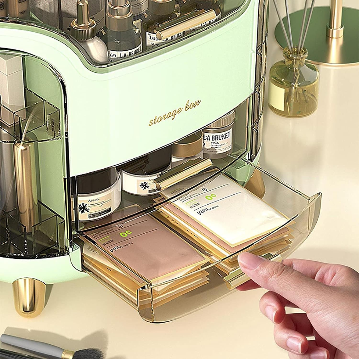 Makeup Organizer for Vanity, Portable Cosmetic Storage Box with Drawer and Transparent Lid, Dustproof and Waterproof Large Countertop Organizer Make up Holder for Bedroom, Bathroom Skincare (Green) - White image number 7