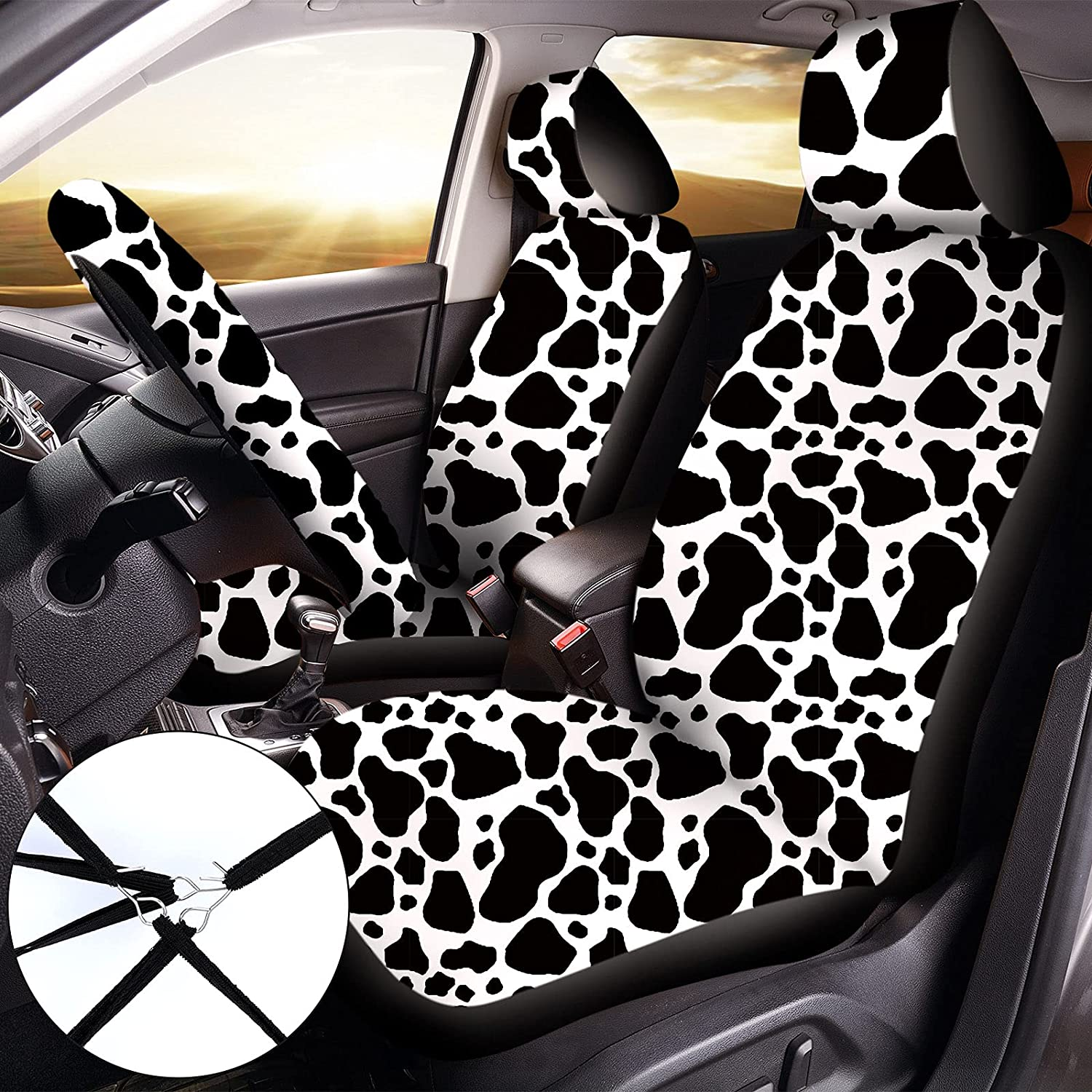 19 Pieces Cow Print Car Accessories Set for Women Man Cow Car Steering Wheel Cover Cow Print Seat Cover Seat Belt Pads Car Floor Mats Car Cup Holders Car Armrest Pad for Women Men Cars image number 4