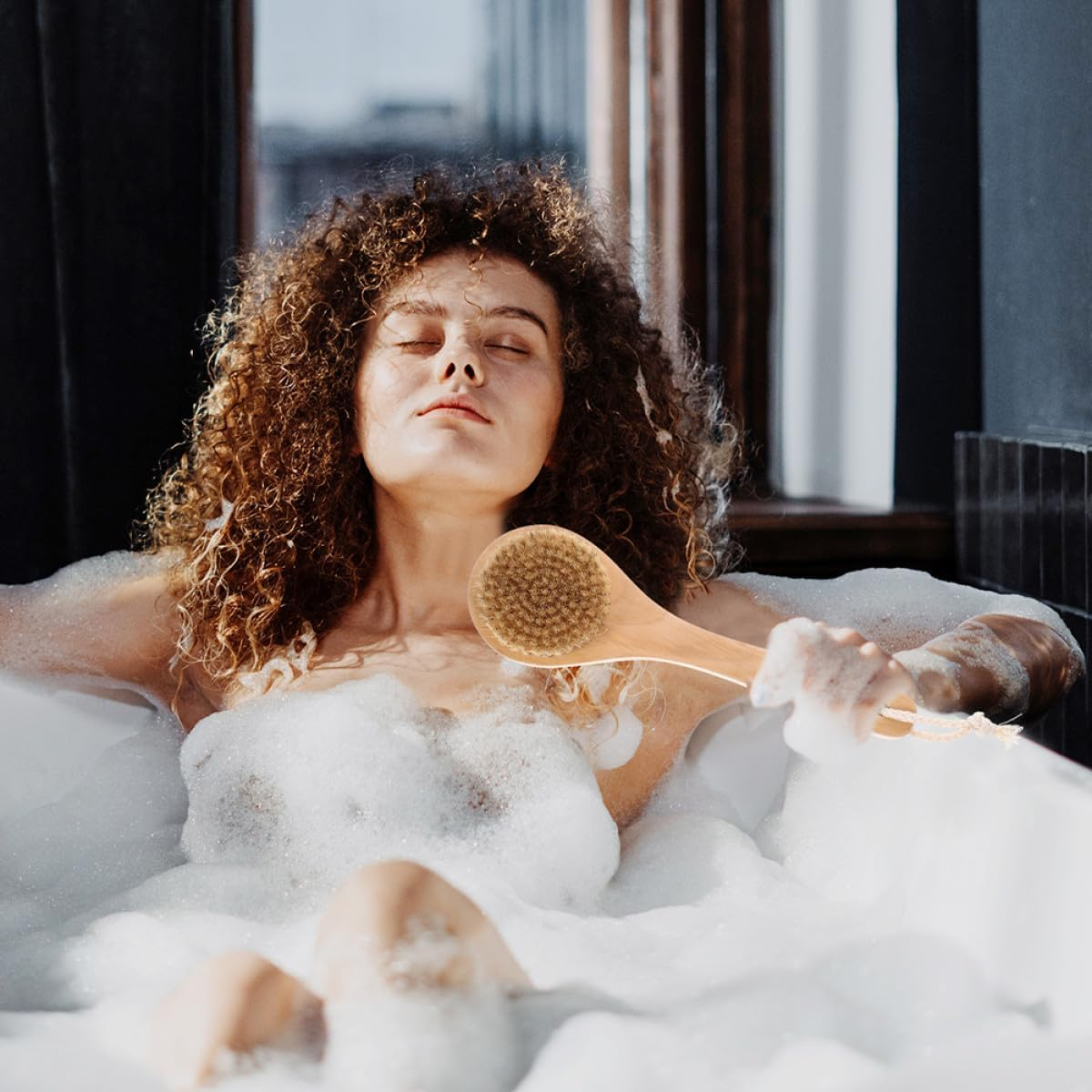 OKUMEYR Soft Bristle Boar Bristle Bath Brush with Wooden Handle Exfoliating Massage Shower Brush for Body Cleansing and Skin Care Medium Size Suitable for Home and Travel Use image number 1