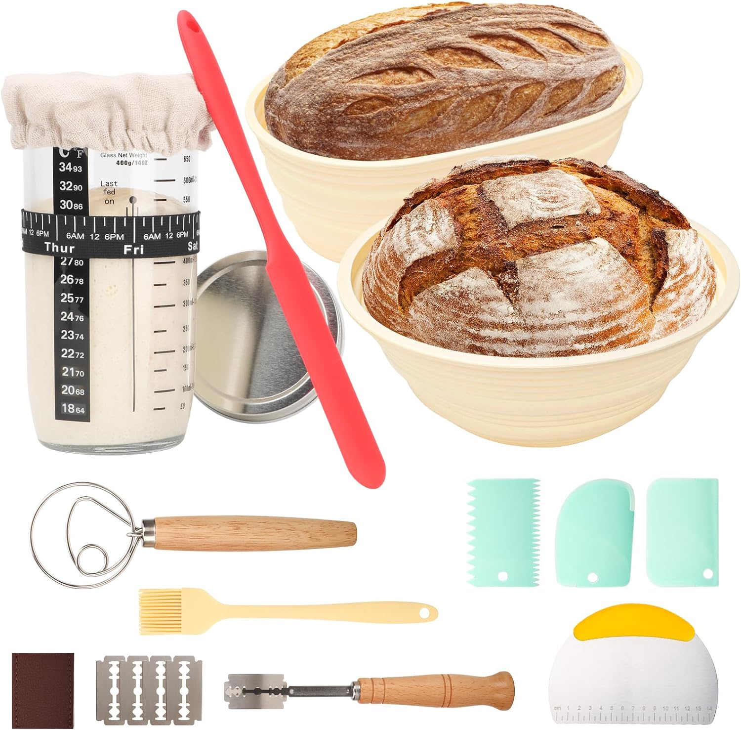 Sourdough Starter Kit Bread Baking Supplies Bread Proofing Basket 9 Inch round & 10 Inch Oval Bread Proofing Basket, 24Oz Jar (700Ml Glass, round and Oval Basket)