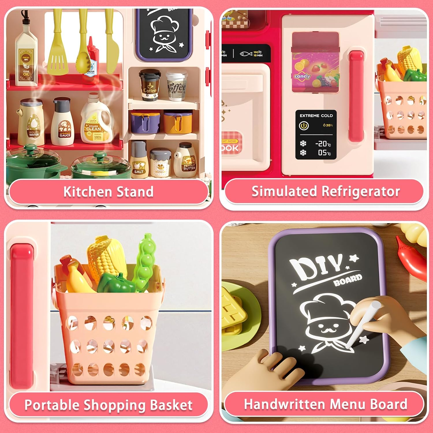 Hitish Kids Kitchen Playset Set, 63PCS Pretend Play Kitchen Toys for Toddlers, Cooking Stove with Steam Sound Light, Play Sink with Manual Faucet, Play Food Accessories for Girls Boys, 33&rsquo;&rsquo;H image number 6