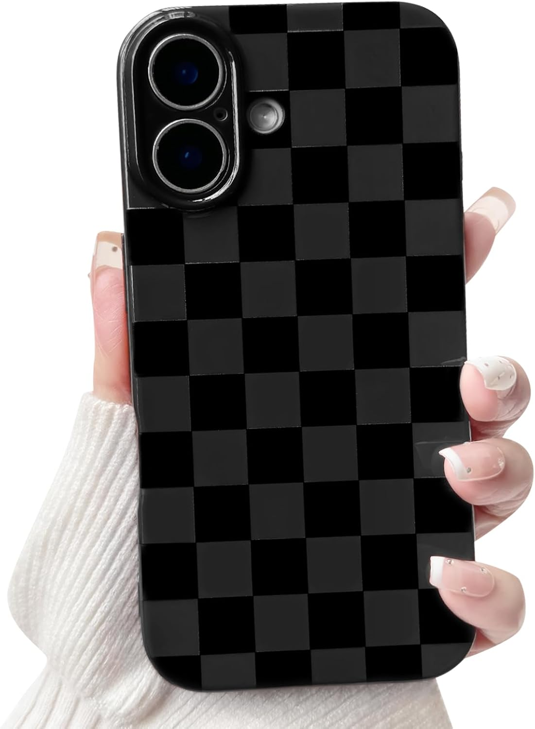 NITITOP Compatible with Iphone 17 Case Cute Aesthetic Checkerboard Checkered Pattern for Women Girl Trendy Slim Fit TPU Silicone Shockproof Full Camera Protection Cover - Black