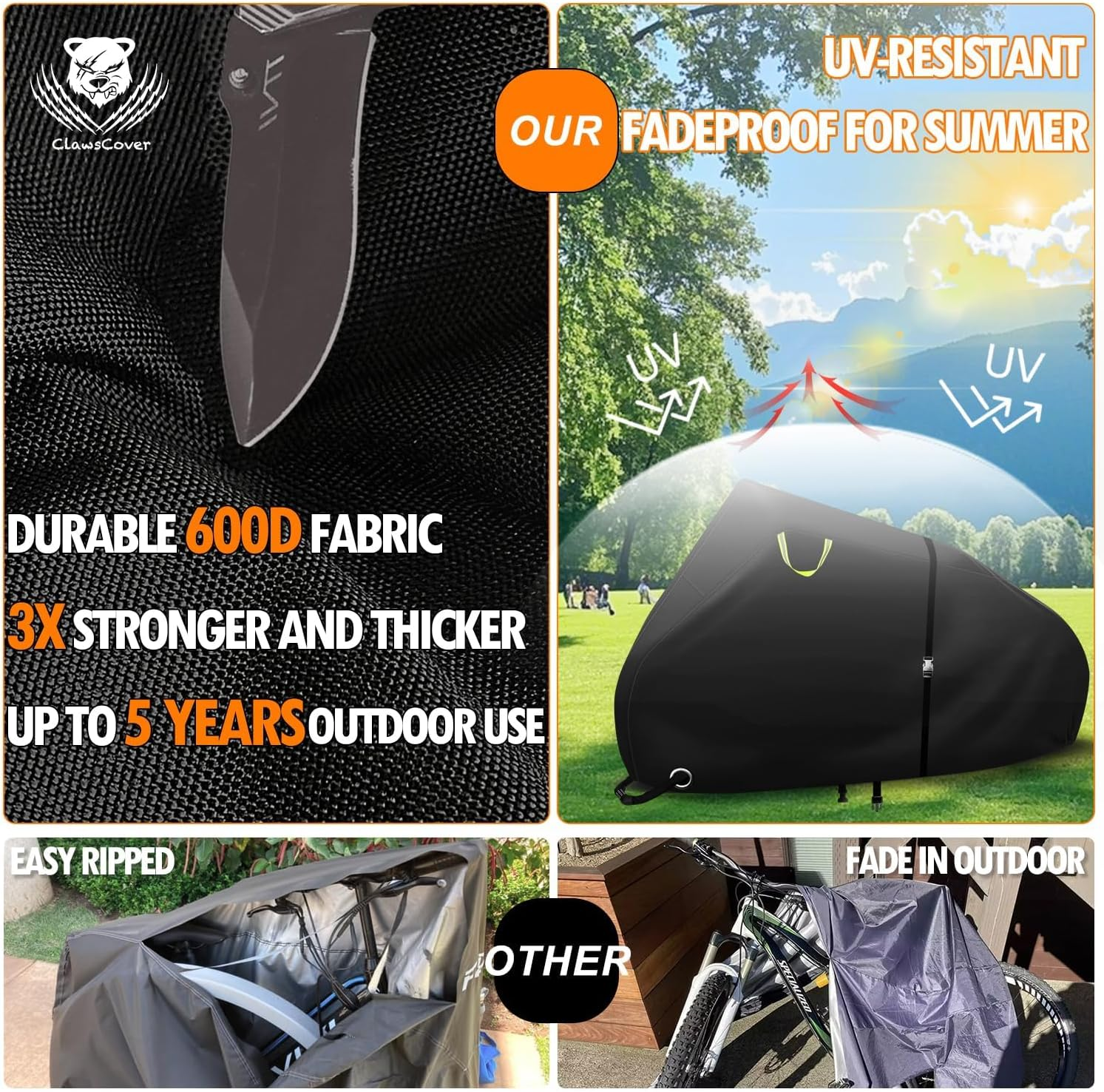 Clawscover Bike Covers Outdoor Storage Waterproof for 2 Bikes,Heavy Duty 600D Polyester,Durable Anti-Uv,Weatherproof Ebike Bicycle Electric Bike Cover, Buckles Straps,Reflective Handle,82''X36 X43.3 image number 1