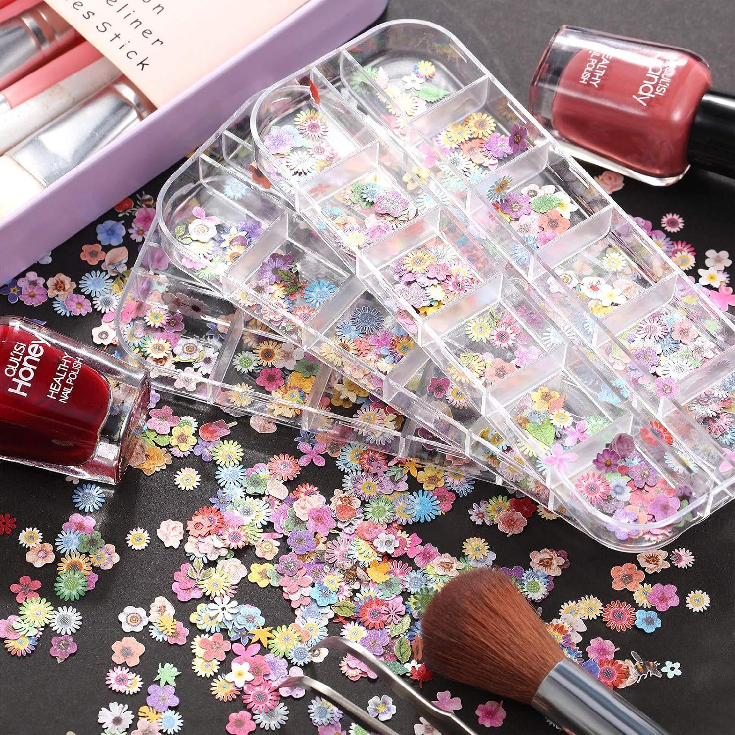 Maitys 3 Boxes 1080 Pcs 3D Flowers for Nails Decals (Not Self Adhesive or Stickers) Colorful Mixed 3D Flower Leaves Wood Pulp Nail Sequins for DIY Manicures image number 1