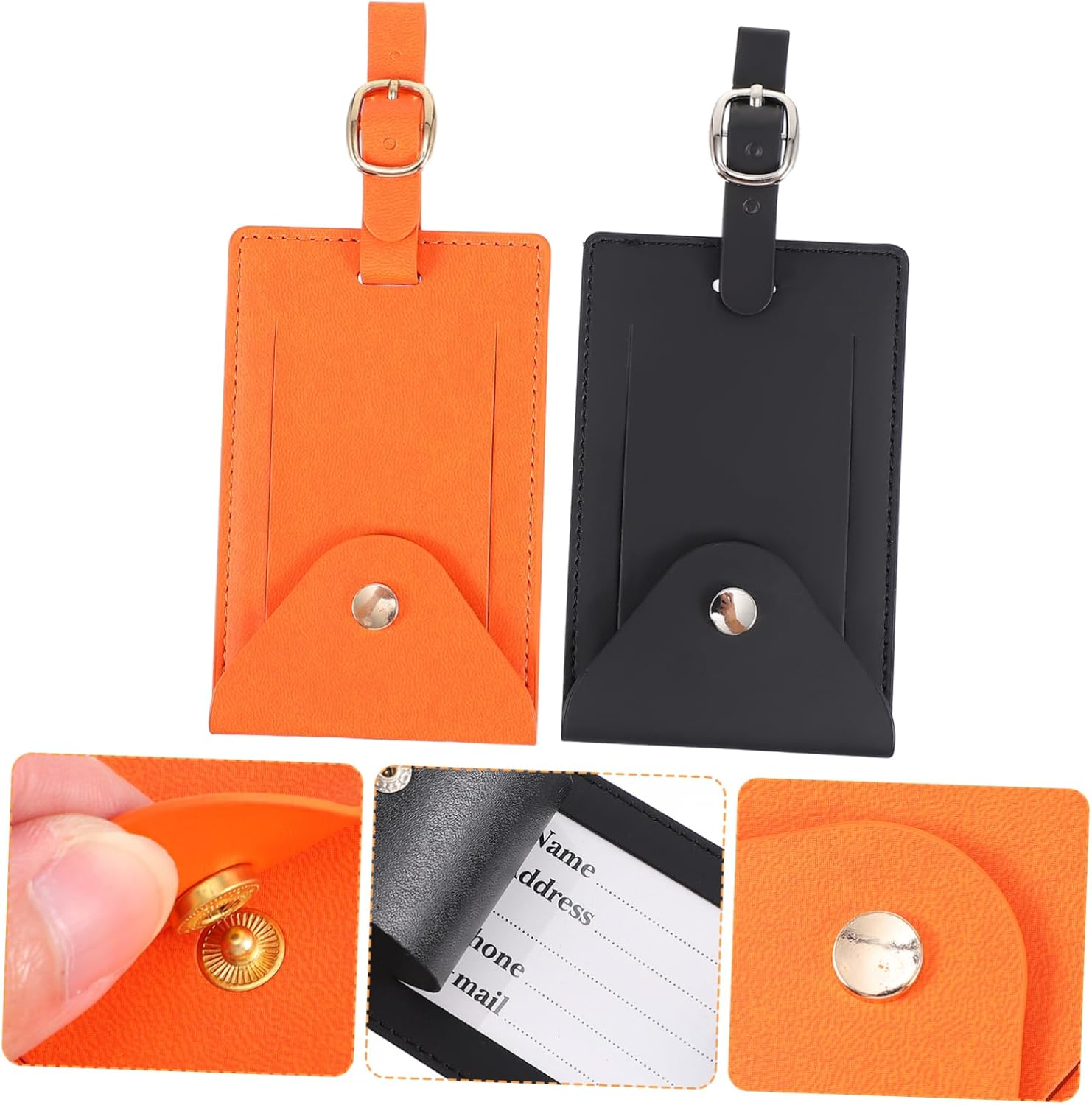 Housoutil 2Pcs PU Luggage Tags Travel Id Labels for Suitcases Handbags and Backpacks Insertion and Wear Resistant Black Orange image number 5