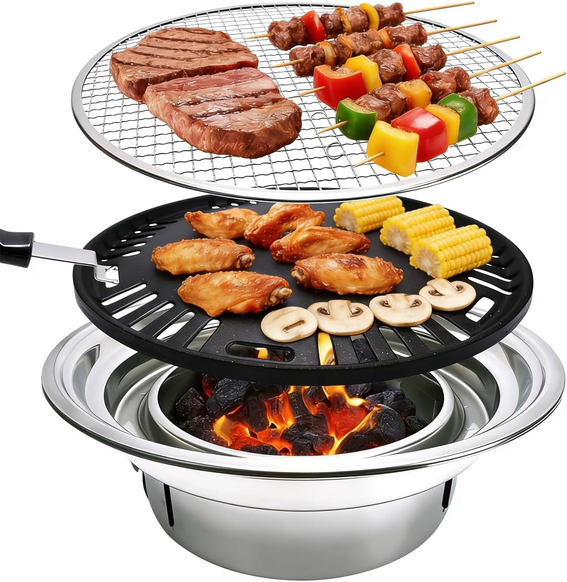 Charcoal Barbecue BBQ Grill, Portable Household Korean Camping Grill Stove Barbecue Smoker Grill, Tabletop Smoker Grill, Outdoor Roaster Grill Stove Ideal for Cooking, Picnic Camping, Tailgating image number 1