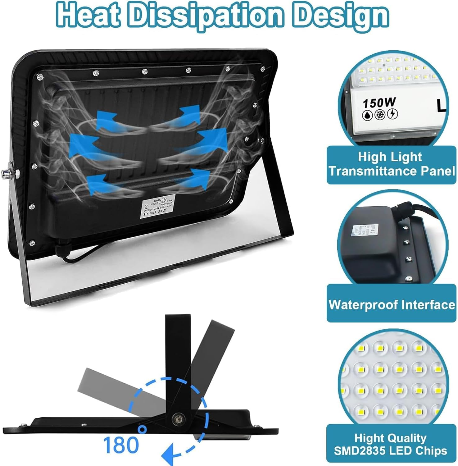 LED Flood Lights Outdoor, 2 Pack 150W 15000LM Bright Floodlight outside Work Light with Plug, IP66 Waterproof 6500K Outdoor LED Flood Light for Garage, Yard, Lawn, Garden image number 3