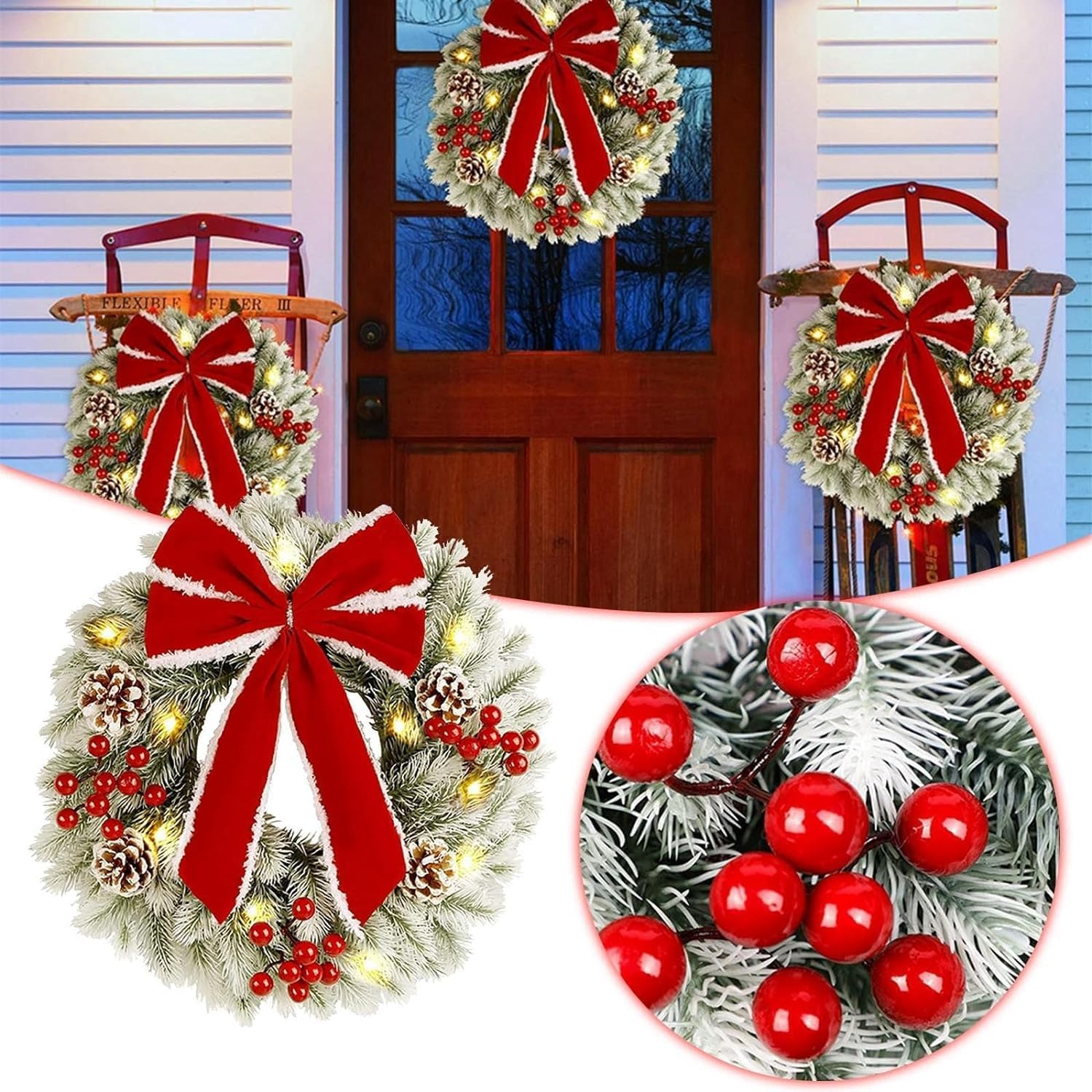 Christmas Wreath,Large Artificial Christmas Wreaths for Front Door,Xmas Wreaths with Bow Ribbon, Christmas Decor Winter Garlands Wreath for Outdoor Indoor Window Porch (E)