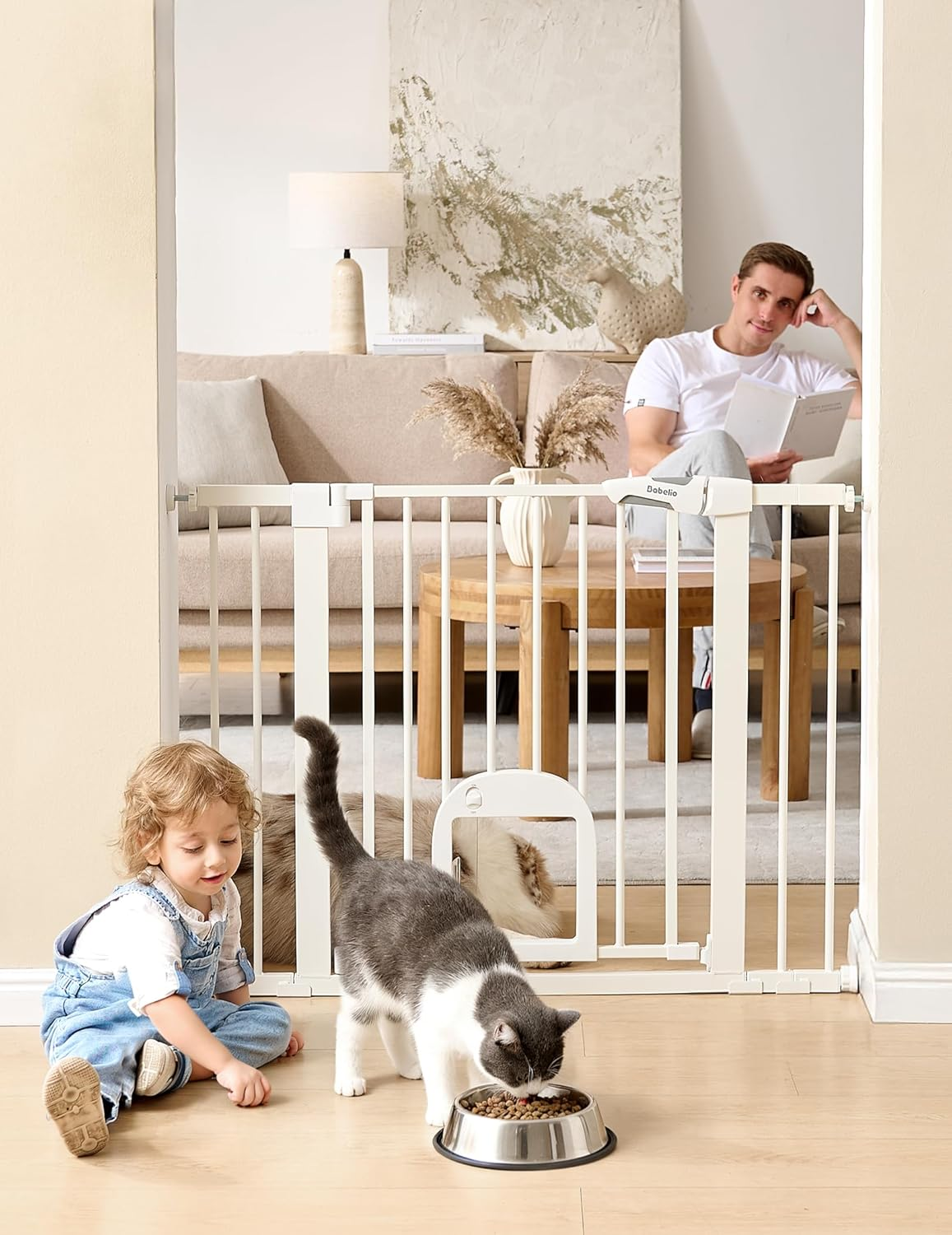 Babelio Upgraded Baby Gate with Cat Door, 73.7-109 CM Auto Close Durable Dog Gate for Stairs, Doorways and House, Easy Walk Thru Safety Gate with Pet Door Includes 4 Wall Cups, White image number 2