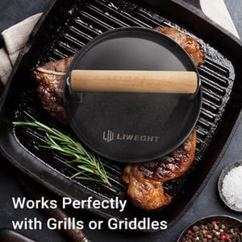 LIWEGHT Burger Press, 6.9" round Heavy-Duty Cast Iron Smash Burger Press, Steak & Sandwiches Burger Patty Maker with Wood Handle Bacon Meat Grill Press for Griddle BBQ (Round)